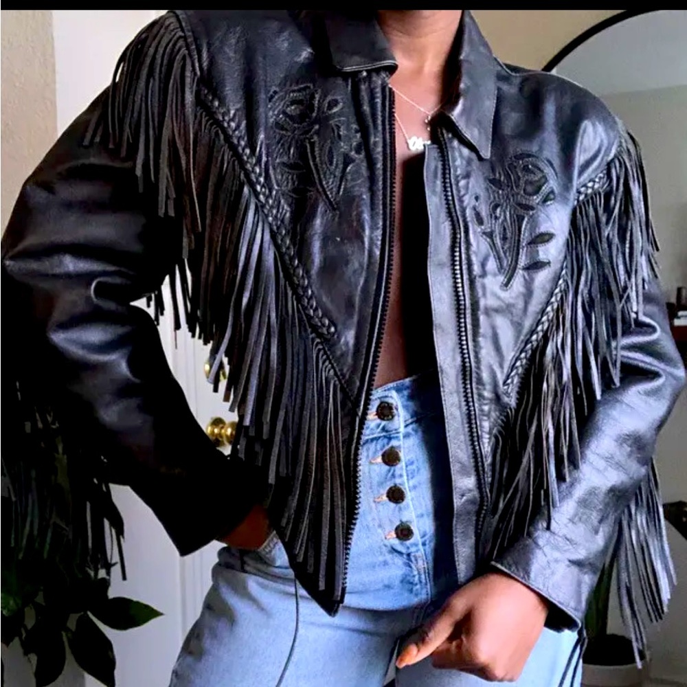 Vintage leather fringe rose jacket